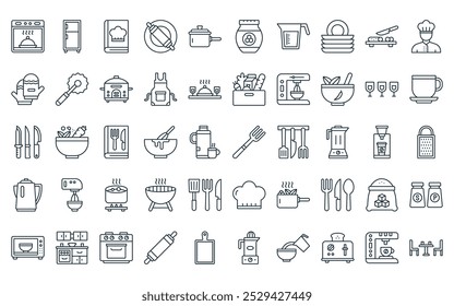 50 linear kitchen and cooking icon pack. vector thin line fork, refrigerator, recipe book, baking, saucepan, honey, measuring cup icons suitable for apps and websites ui designs.