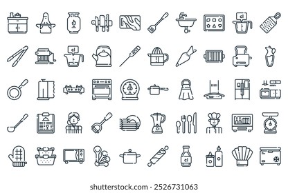 50 linear kitchen icon pack. vector thin line pot, apron, gas cylinder, knife, cutting board, spatula, sink icons suitable for apps and websites ui designs.