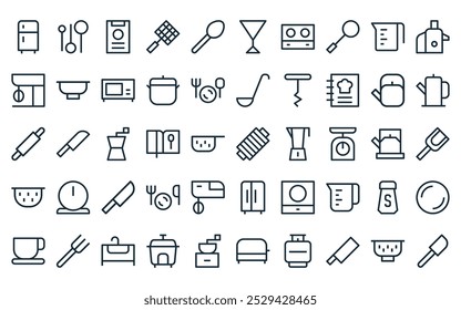 50 linear kitchen icon pack. vector thin line pan, spoon, recipe, griddle, spoon, glass, stove icons suitable for apps and websites ui designs.