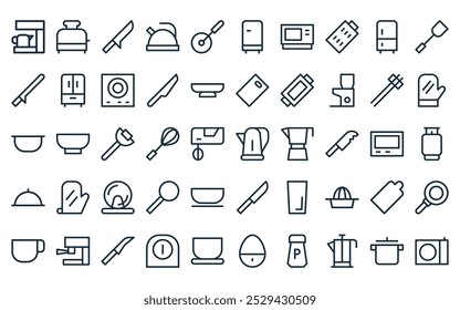 50 linear kitchen icon pack. vector thin line kettle, toaster, knife, teapot, pizza cutter, fridge, microwave icons suitable for apps and websites ui designs.