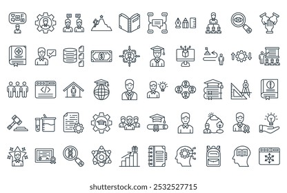 50 linear knowledge management icon pack. vector thin line idea, competence, dialogue, effort, book, constructivism, stationery icons suitable for apps and websites ui designs.