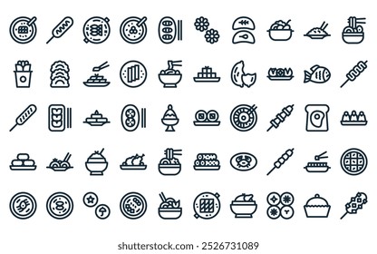 50 paquete de iconos de comida coreana lineal. Vector línea delgada Kimbap, perro de maíz, Chueo Tang, Hobakjuk, Beondegi, Yakgwa, Bukkumi iconos adecuados para App y Sitios web diseños de UI.