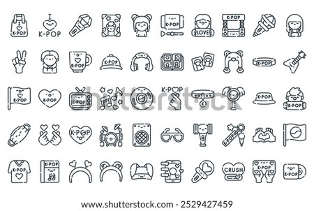 50 linear kpop icon pack. vector thin line kpop, kpop, light stick, poster, playlist, fan icons suitable for apps and websites ui designs.
