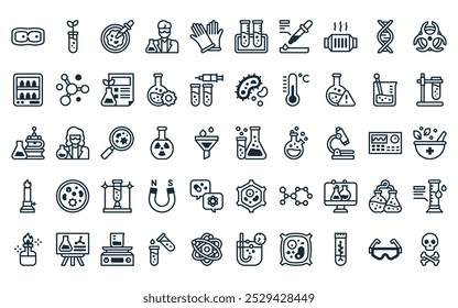 50 lineares Laborsymbolpaket. Vektor dünne Linie Kolben, Pflanze, Pipette, Wissenschaftler, Handschuhe, Reagenzglas, Pipette Icons geeignet für Apps und Websites ui Designs.