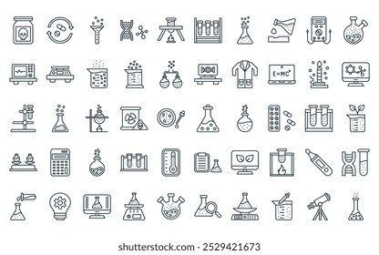 50 linear laboratory icon pack. vector thin line flask, pills, funnel, dna, flask, test tubes, chemical icons suitable for apps and websites ui designs.