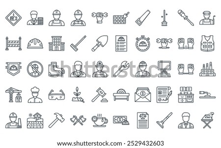50 linear labour day collection. icon pack. vector thin line wrench, accountant, builder, plumber, tool, brick wall, handsaw icons suitable for apps and websites ui designs.