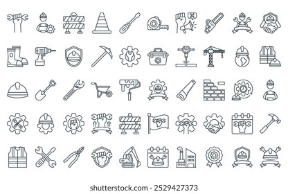 50 linear labour day icon pack. vector thin line engineering, operator, road block, traffic cone, screwdriver, tape measure, protest icons suitable for apps and websites ui designs.