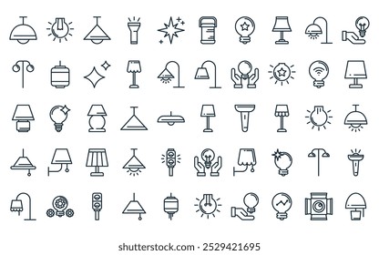 50 linear lamp icon pack. vector thin line night light, light bulb, lamp, flashlight, sparkle, lantern, light bulb icons suitable for apps and websites ui designs.