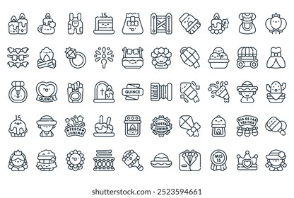 50 linear latin celebrations icon pack. vector thin line accordion, candle, overall, birthday cake, gift, fence, tamales icons suitable for apps and websites ui designs.