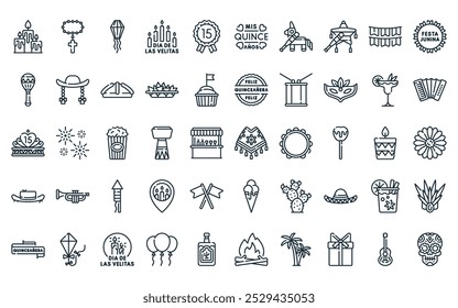 50 linear latin celebrations icon pack. vector thin line poncho, cross, lantern, día de las velitas, in, quinceanera, piñata icons suitable for apps and websites ui designs.