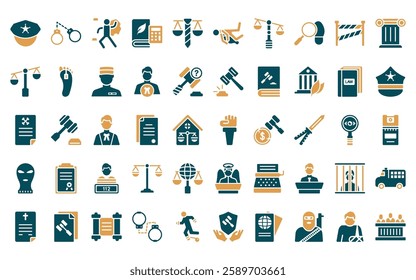 50 linear law and justice icon pack. vector thin line violence, criminal law, crime scene, corporative law, business murder, balance icons suitable for apps and websites ui designs.