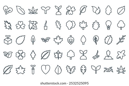 50 linear leaf icon pack. vetor linha fina pinho cone, folha, folha, broto, shamrock, ícones adequados para aplicativos e sites ui designs.