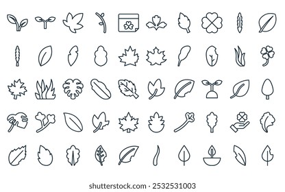 50 linear leaf icon pack. vector thin line leaf, leaf, twig, calendar, icons suitable for apps and websites ui designs.