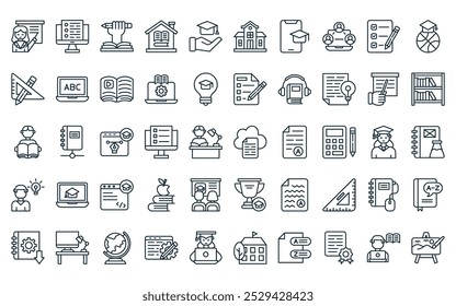 50 linear learning collection. icon pack. vector thin line digital library, monitor, knowledge, homeschooling, graduation cap, school, elearning icons suitable for apps and websites ui designs.