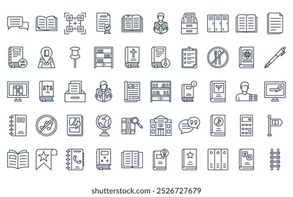 50 linear library icon pack. vector thin line library, important topics, qr code, certificate, open book, reading book, database icons suitable for apps and websites ui designs.