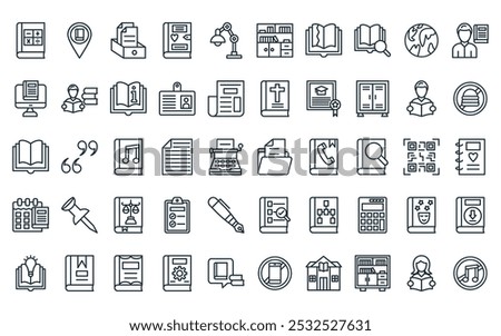 50 linear library icon pack. vector thin line folders, location, archive, diary, table lamp, cabinet, teared book icons suitable for apps and websites ui designs.