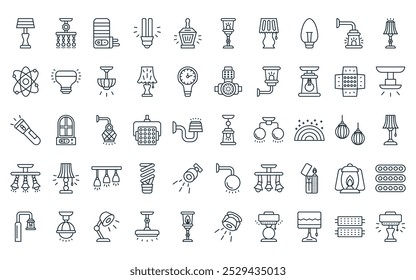 50 linear lighting icon pack. vector thin line roof lamp, decoration lamp, emergency light, energy saver, street light, street lamp, table icons suitable for apps and websites ui designs.