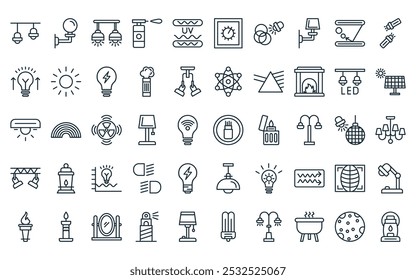 50 linear lighting icon pack. vector thin line optics, wall lamp, ceiling lamp, blowtorch, ultraviolet, dimmer, rgb icons suitable for apps and websites ui designs.