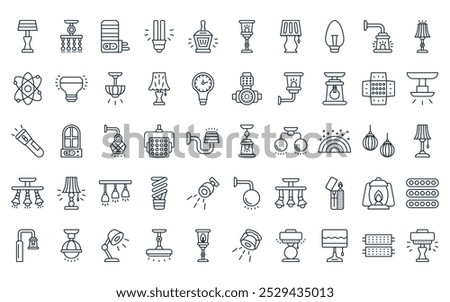 50 linear lighting icon pack. vector thin line roof lamp, decoration lamp, emergency light, energy saver, street light, street lamp, table icons suitable for apps and websites ui designs.