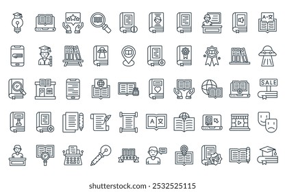 50 linear literature icon pack. vector thin line genres, books, subjects, research, information, biography, book icons suitable for apps and websites ui designs.