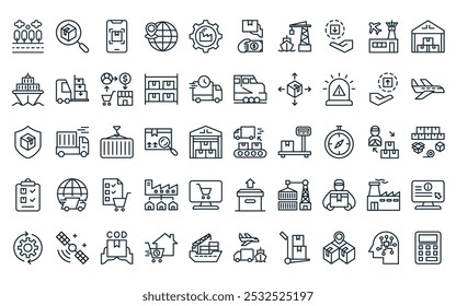 50 pacote de ícone de logística linear. transporte de linha fina vetor, controle de qualidade, rastreamento, geo, industrial, dinheiro na entrega, ícones de porta adequados para aplicativos e sites projetos de iu.