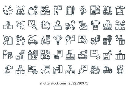 50 linear logistics icon pack. vector thin line location, cargo ship, worldwide shipping, courier service, porter, shopping list, hand truck icons suitable for apps and websites ui designs.