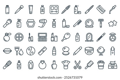 50 maquillaje lineal y cosméticos icon pack. Vector de línea delgada espejo de mano, cepillo de rubor, bloqueador solar, tóner, sombras de ojos, lima de uñas, spray botella iconos adecuados para App y Sitios web UI diseños.