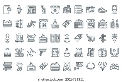 50 linear mall icon pack. vector thin line dress, wristwatch, atm, spray, freezer, cash register, wallet icons suitable for apps and websites ui designs.