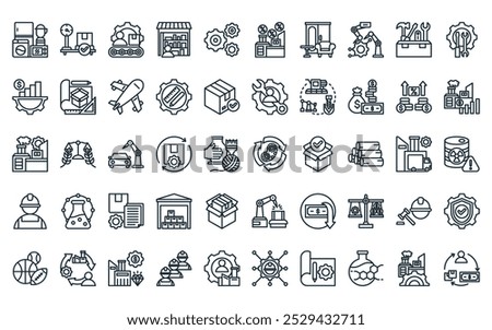 50 linear manufacturing icon pack. vector thin line microorganism, weight scale, production, retailer, hine, industry, furniture icons suitable for apps and websites ui designs.