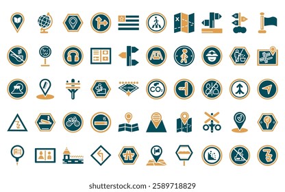 50 linear maps and flags icon pack. vector thin line co2, earth gobe, locato, left side road, square flag, crossing road caution, treasure map with x icons suitable for apps and websites ui designs.