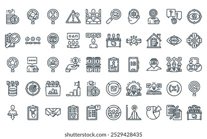 50 linear market research collection. icon pack. vector thin line ranking, agile, primary, incident, population, interview, competitive icons suitable for apps and websites ui designs.