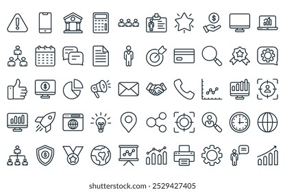 50 linear marketing icon pack. vector thin line partner, mobile phone, government, calculator, customer, id card, star icons suitable for apps and websites ui designs.