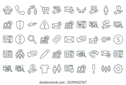 50 paquete de iconos de marketing lineal. Vector de línea delgada de correo electrónico, teléfono, comunidad, carrito, mantenimiento, correo electrónico, iconos de mano adecuados para App y Sitios web.