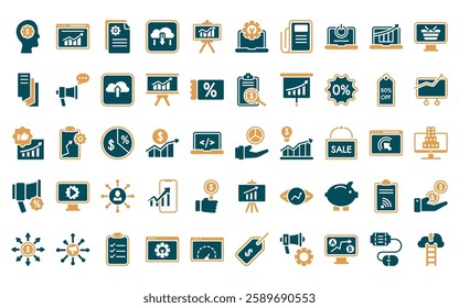 50 linear marketing icon pack. vector thin line ratio, crm, content management, download from cloud, fluctuation, configuration, gazette icons suitable for apps and websites ui designs.