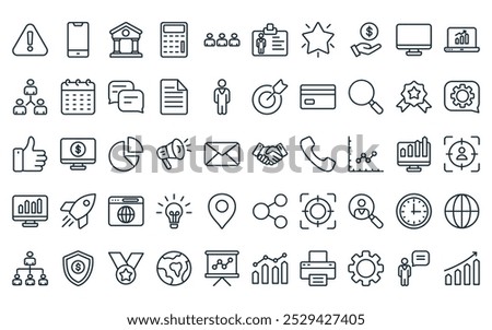 50 linear marketing icon pack. vector thin line partner, mobile phone, government, calculator, customer, id card, star icons suitable for apps and websites ui designs.