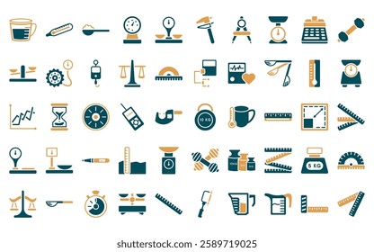 50 linear measurement icon pack. vector thin line heavy weight, fever measuring, full spoon, manometer, groceries store scale, caliper, open compass icons suitable for apps and websites ui designs.