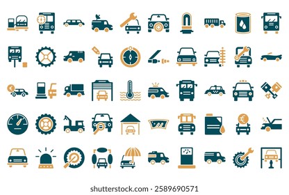 50 linear mechanicons icon pack. vector thin line emergency medical vehicle, bus with compass, limousine side view, van an antenna, car with wrench, car with cogwheels, car light icons suitable for