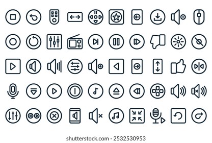 50 linear media controls icon pack. vector thin line previous, backward, remote control, stretch, music controls, favorite, log out icons suitable for apps and websites ui designs.