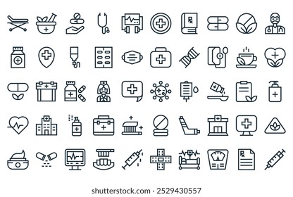 50 paquete de iconos de medicina lineal. Vector de líneas delgadas de bacterias, mortero, phary, estetoscopio, desfibrilador, phary, libro de iconos médicos adecuados para App y Sitios web.