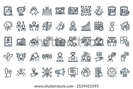 50 linear mentoring and training icon pack. vector thin line training, award, arm wrestling, succcess, video call, homework, focus icons suitable for apps and websites ui designs.