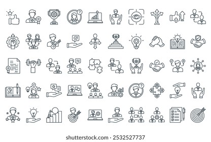 50 paquetes de iconos de mentoría lineal y capacitación. mentor de línea delgada de Vector, insignia, premio, pregunta, crecimiento, mentor, íconos de enfoque adecuados para App y Sitios web.