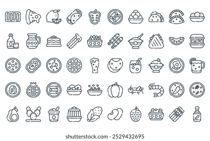 50 linear mexican food icon pack. vector thin line tortilla, pizza, lemon, fajita, guanabana, enchilada, dough icons suitable for apps and websites ui designs.