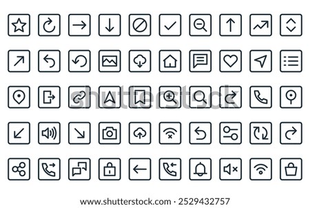 50 linear minimalistic ui icon pack. vector thin line zoom in, refresh, arrow right, arrow down, block, checkbox, zoom out icons suitable for apps and websites ui designs.