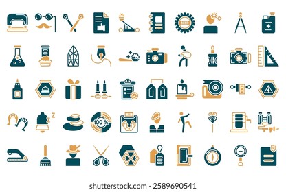 50 linear miscellaneous icon pack. vector thin line granary, fun glasses, spears, enlist, catapult, scrapbook, beer cap icons suitable for apps and websites ui designs.