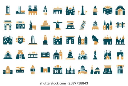 50 linear monuments icon pack. vector thin line ejer baunehoj,  , notre dame cathedral, clock tower, alcala gate, morelia cathedral in mexico, national mall icons suitable for apps and websites ui