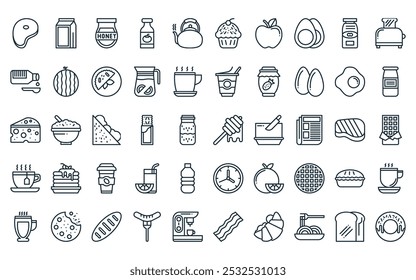 50 mañana lineal y paquete de iconos de desayuno. Vector línea delgada miel dipper, cartón de leche, tarro de miel, salsa de tomate, tetera, muffin,   Iconos adecuados para App y Sitios web UI diseños.