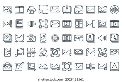 Paquete de iconos multimedia lineal de 50 Vectores de pausa de línea delgada, película, almacenamiento en la nube, cambio de tamaño, favorito, portátil, iconos de carpeta adecuados para App y Sitios web.