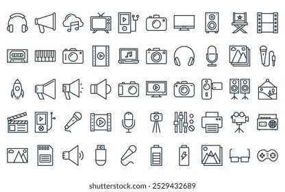 50 paquete de iconos multimedia lineal. Vector Video de línea delgada reproductor, megáfono, nube de música, TV, MP, cámara, iconos de TV adecuados para App y Sitios web diseños de interfaz de usuario.