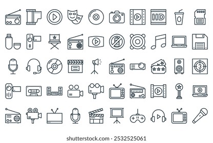 50 paquete de iconos multimedia lineales. Vector Video de línea delgada radio, carrete de película, juego, máscara, CD, cámara, iconos de carrete de película adecuados para App y Sitios web.