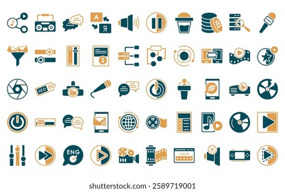 50 linear multimedia icon pack. vector thin line start button, boom box, communication speech bubbles, translate, speakers volume, big pause button, substance icons suitable for apps and websites ui